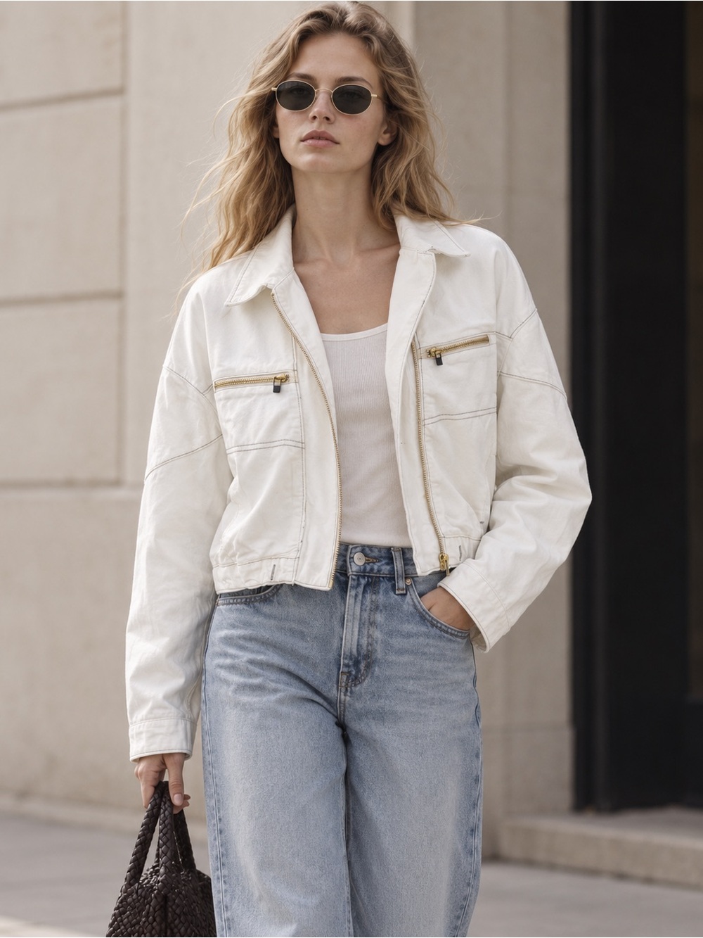NWOT Free People We The Free Ivory Cropped Denim Bomber Jacket Size S